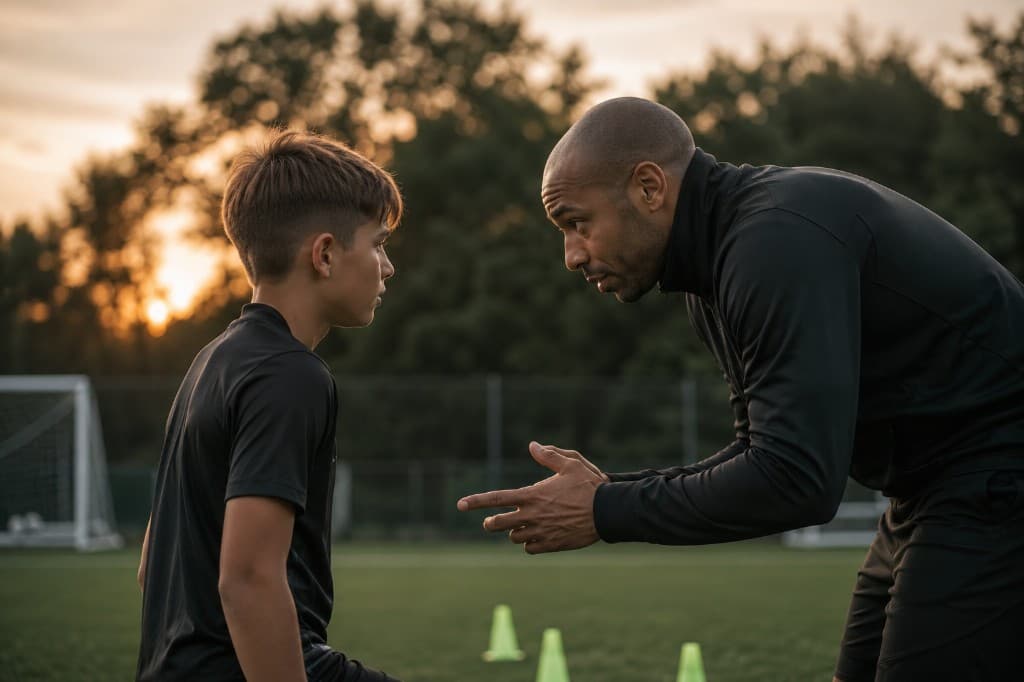 Coach guiding a young footballer during training