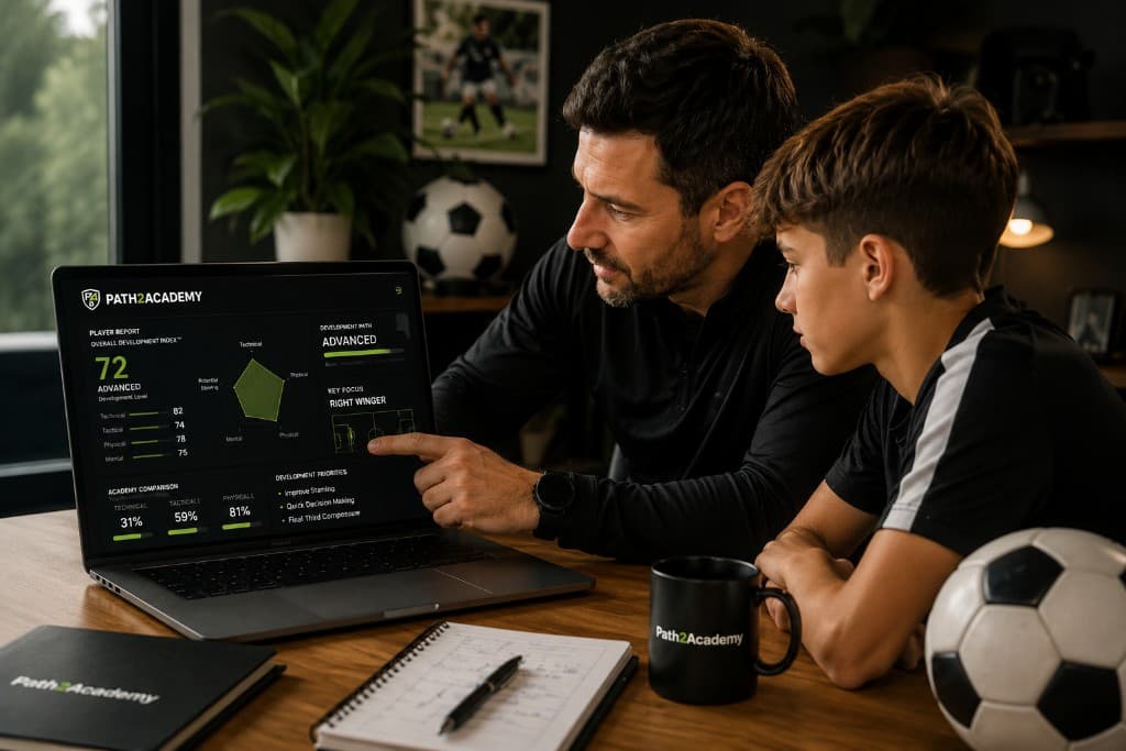 Parent and child reviewing a Path2Academy player development report together