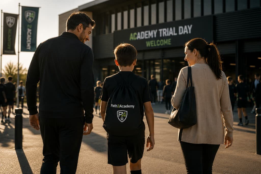 Family walking together near a football facility