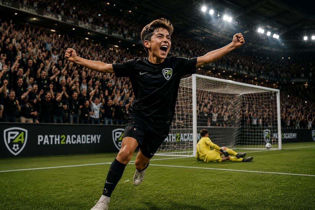 Young footballers celebrating on a floodlit pitch
